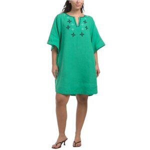 NAVY BLEU Linen Gemma Short Sleeve Embroidered Mini Dress